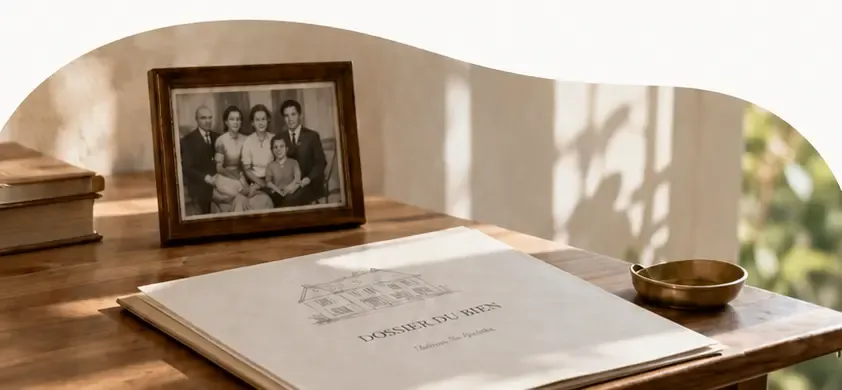 Dossier d’un bien familial posé près d’une photographie de famille